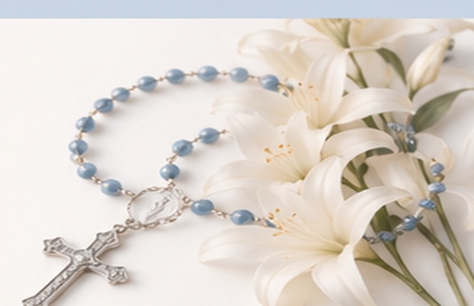 Rosary beads and white lilies